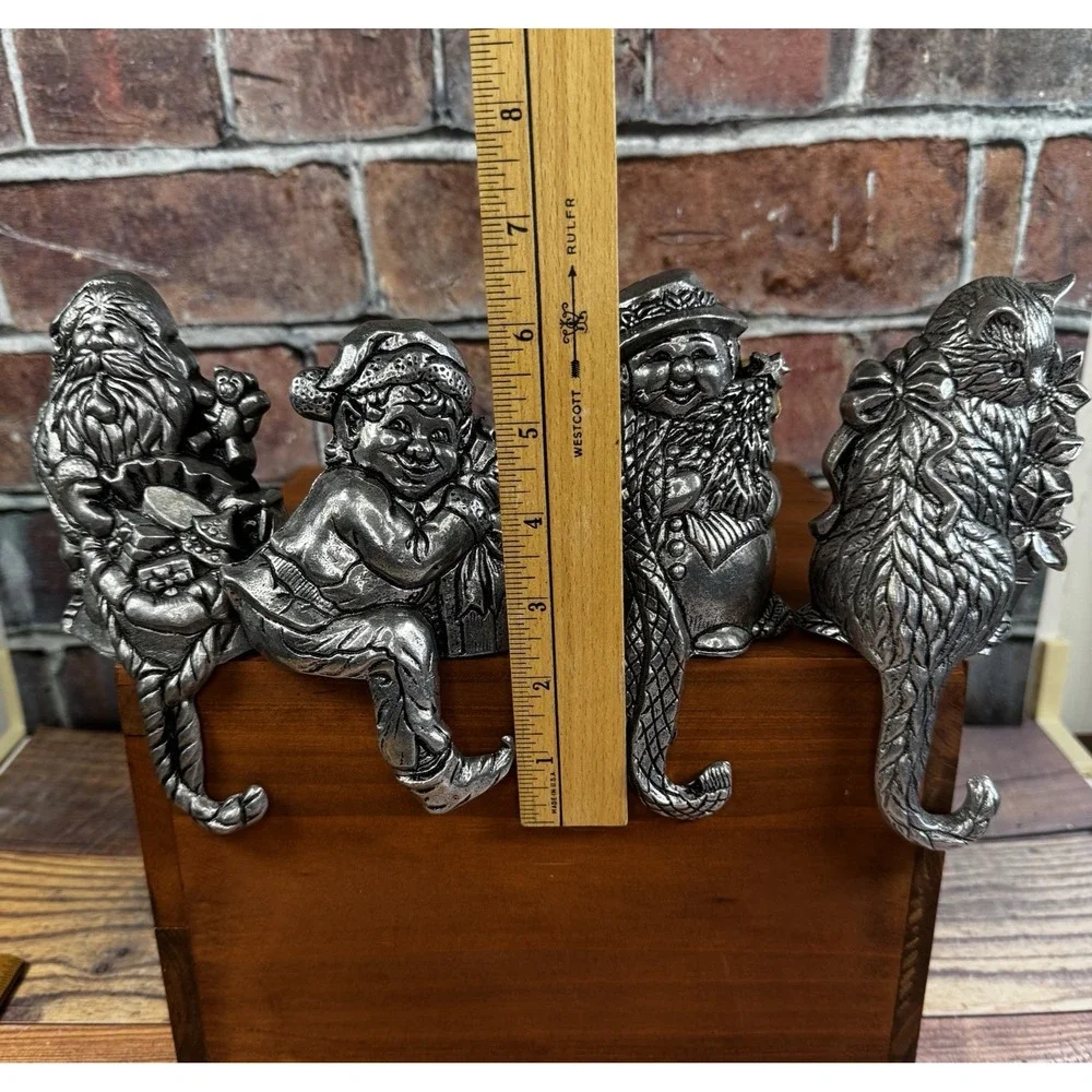 4‎ Vtg Carson Pewter Christmas Stocking Hanger Hooks Shelf Sitters Cat Elf Santa